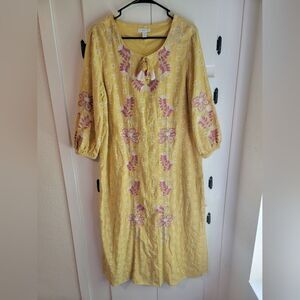 Charter Club Yellow Embroideres Floral Boho Midi Dress PL